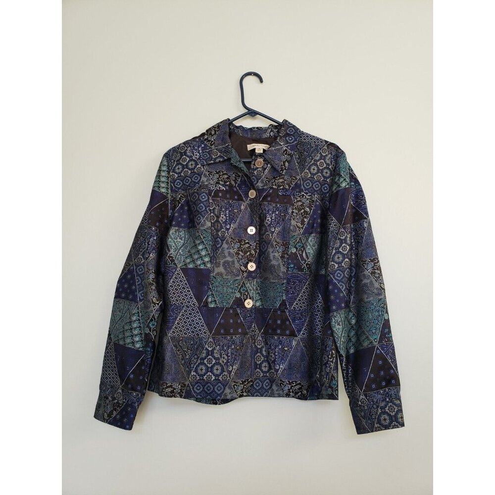 Coldwater Creek Women Sz M Button Front Jacket Blazer Blue Jacquard Long Sleeve